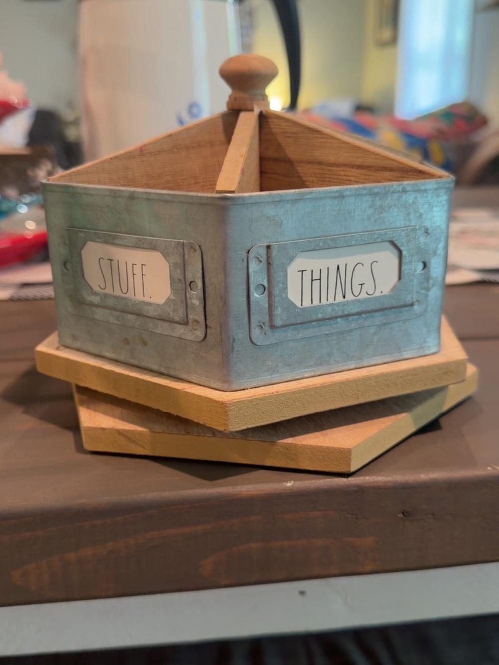 Rotating Wooden & Metal Desk Organizer - Blue 'Stuff/Things'